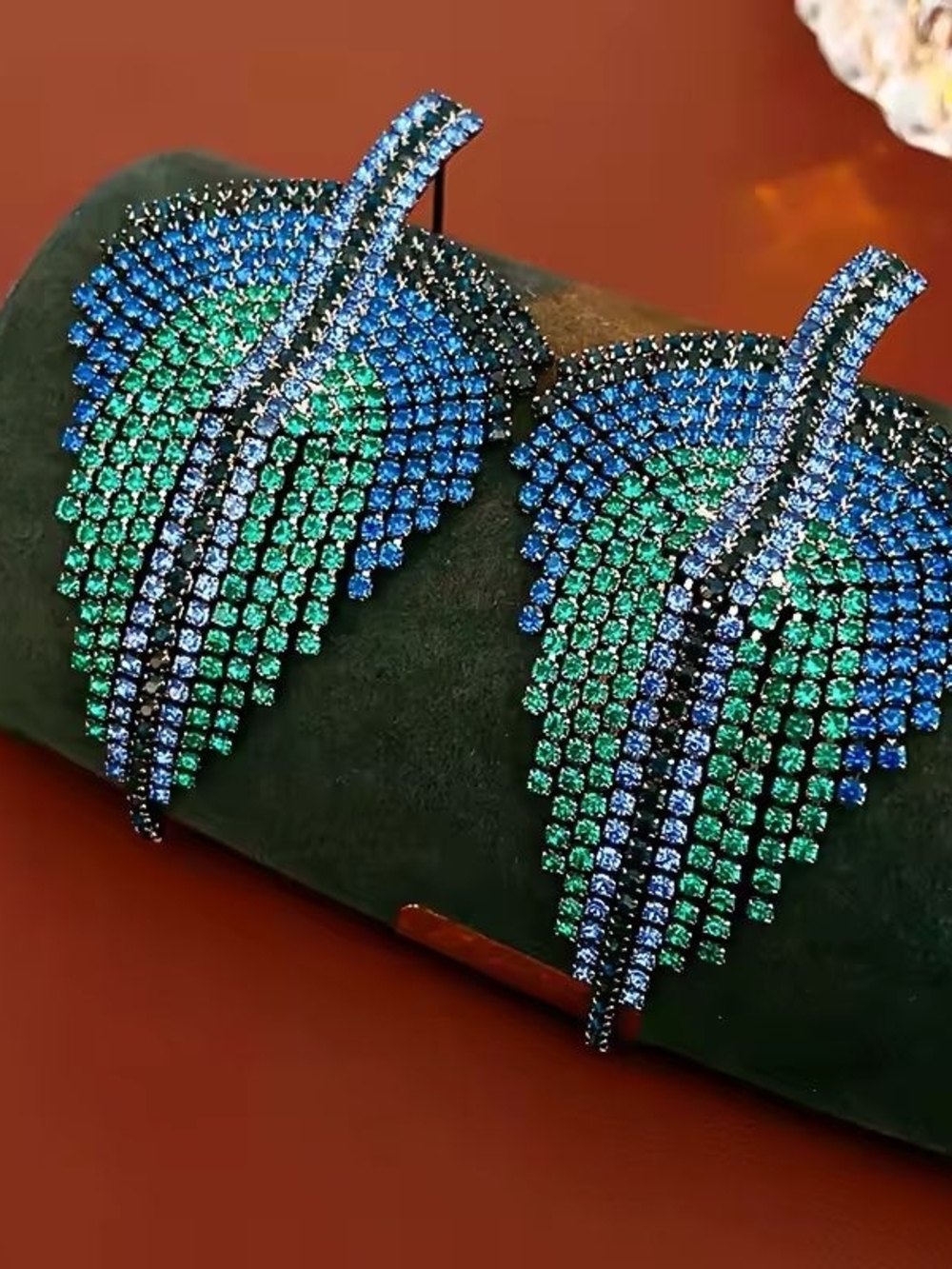 Blue and Green Crystal Fringe Leaf Earrings - Picture 5 of 6